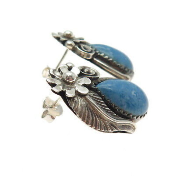 SHEENA LONG Navajo Old Pawn 925 Sterling Silver Vintage Sodalite Floral Earrings - Picture 5 of 7